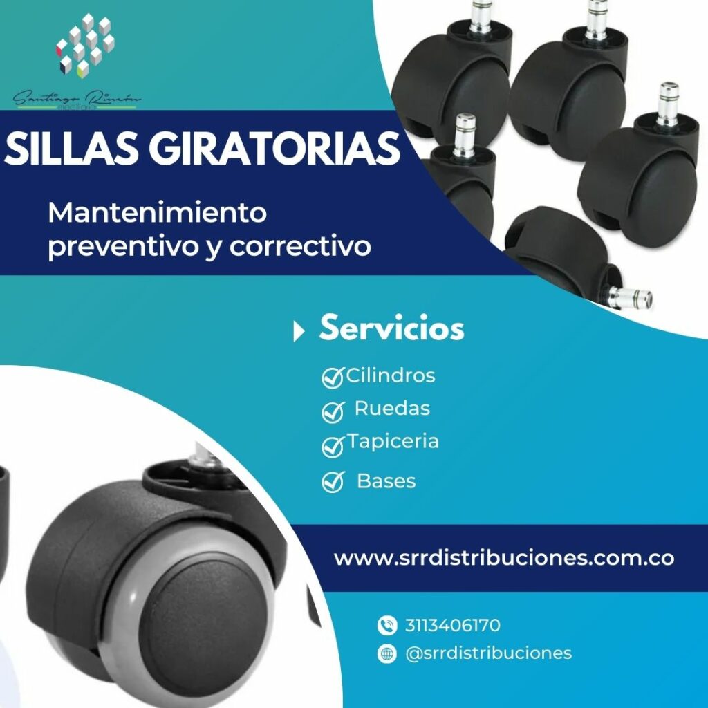 En SRR DISTRIBUCIONES SAS le podemos darle una nueva vida a las sillas giratorias  en la cual realizamos mantenimientos generales  y ayudamos al medio ambiente.https://www.srrdistribuciones.com.co mayores informes 3113406170