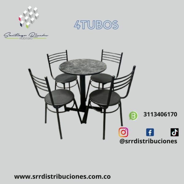Juego de mesa y sillas cromadas cuatro tubos